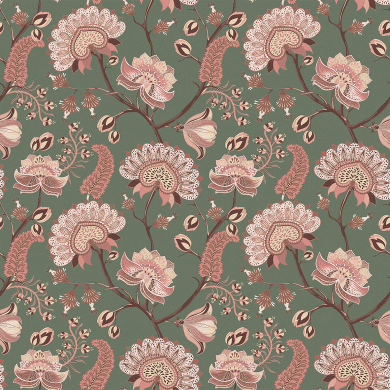 Ophelia Wallpaper in Moss and Blush Pink