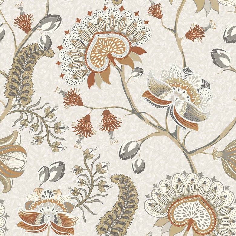 Sample of Beaumont Wallpaper in Spice and Vintage Grey on Ecru