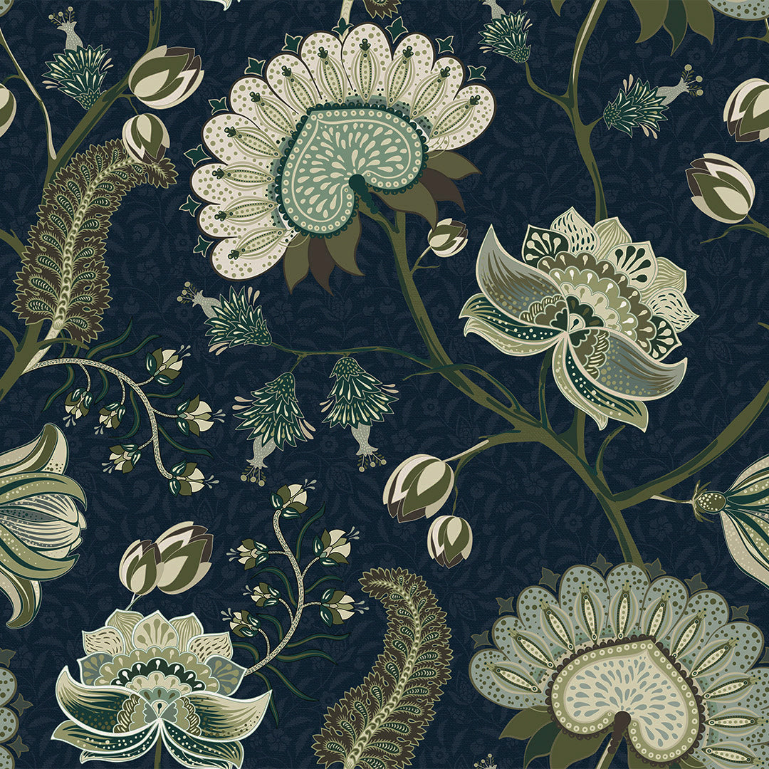 Beaumont Wallpaper in Olive and Sage Green on Classic Navy
