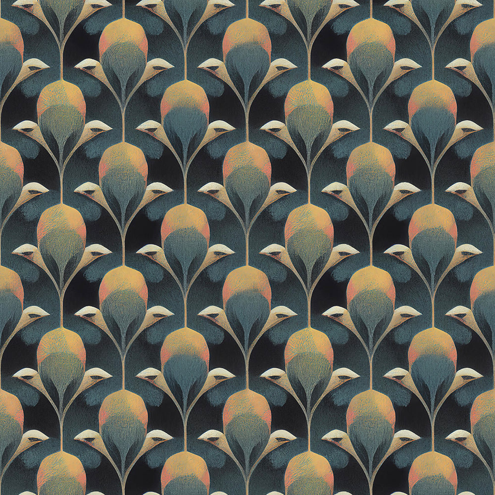 Plume de Paon Wallpaper in Rustic Green, Ochre and Teal