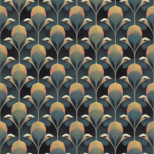 Plume de Paon Wallpaper in Rustic Green, Ochre and Teal