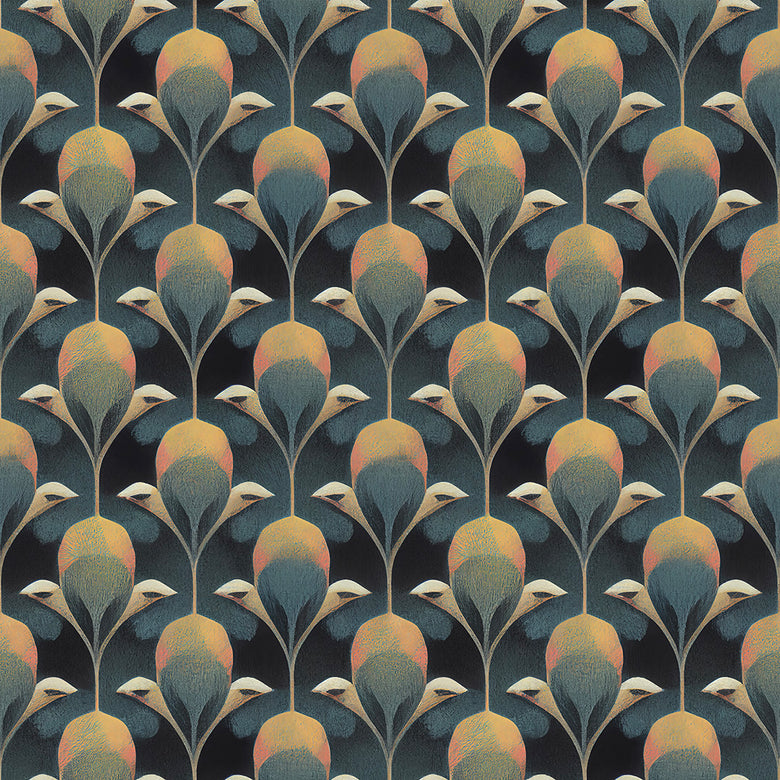 Plume de Paon Wallpaper in Rustic Green, Ochre and Teal