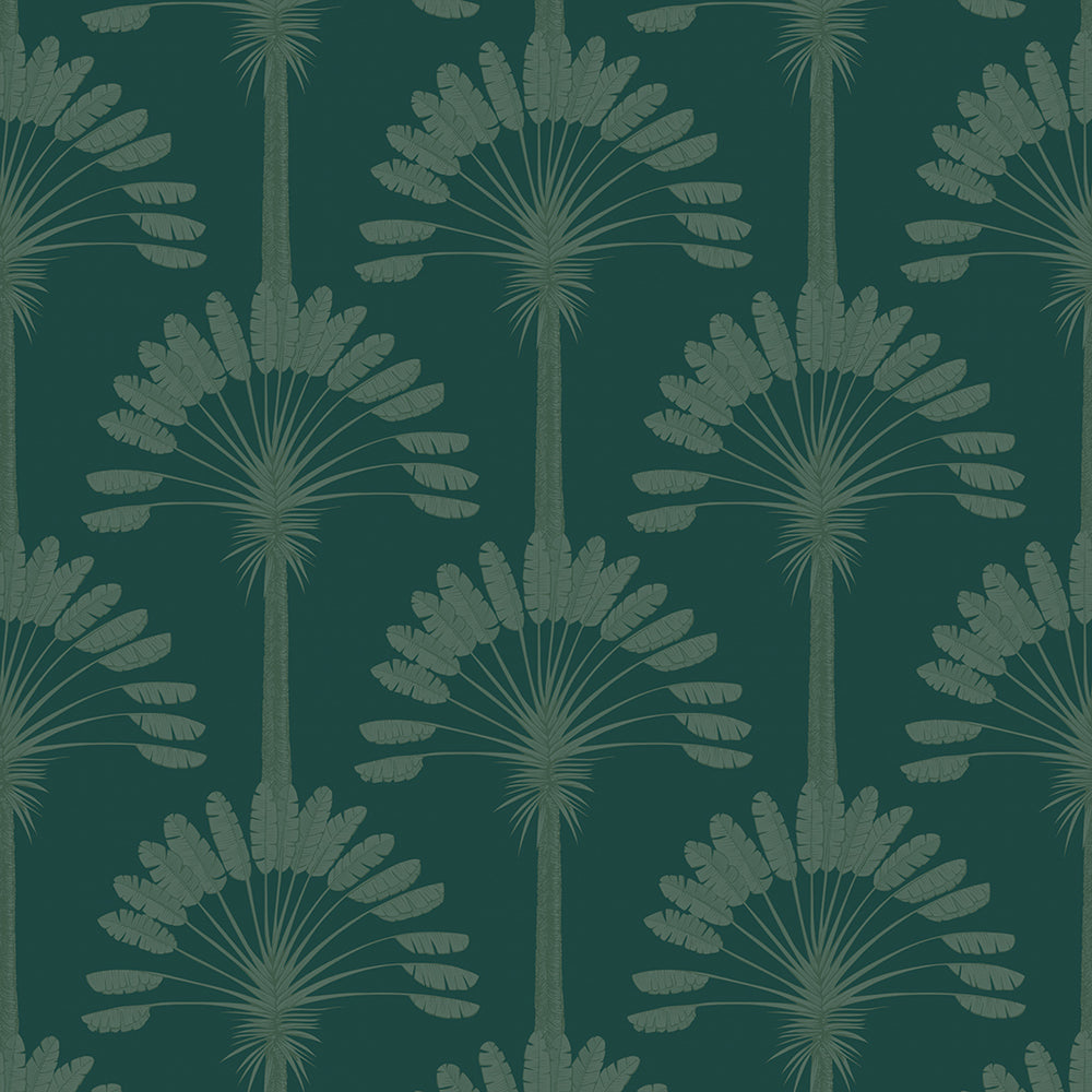 Palmette Wallpaper in Rustic Green on Teal
