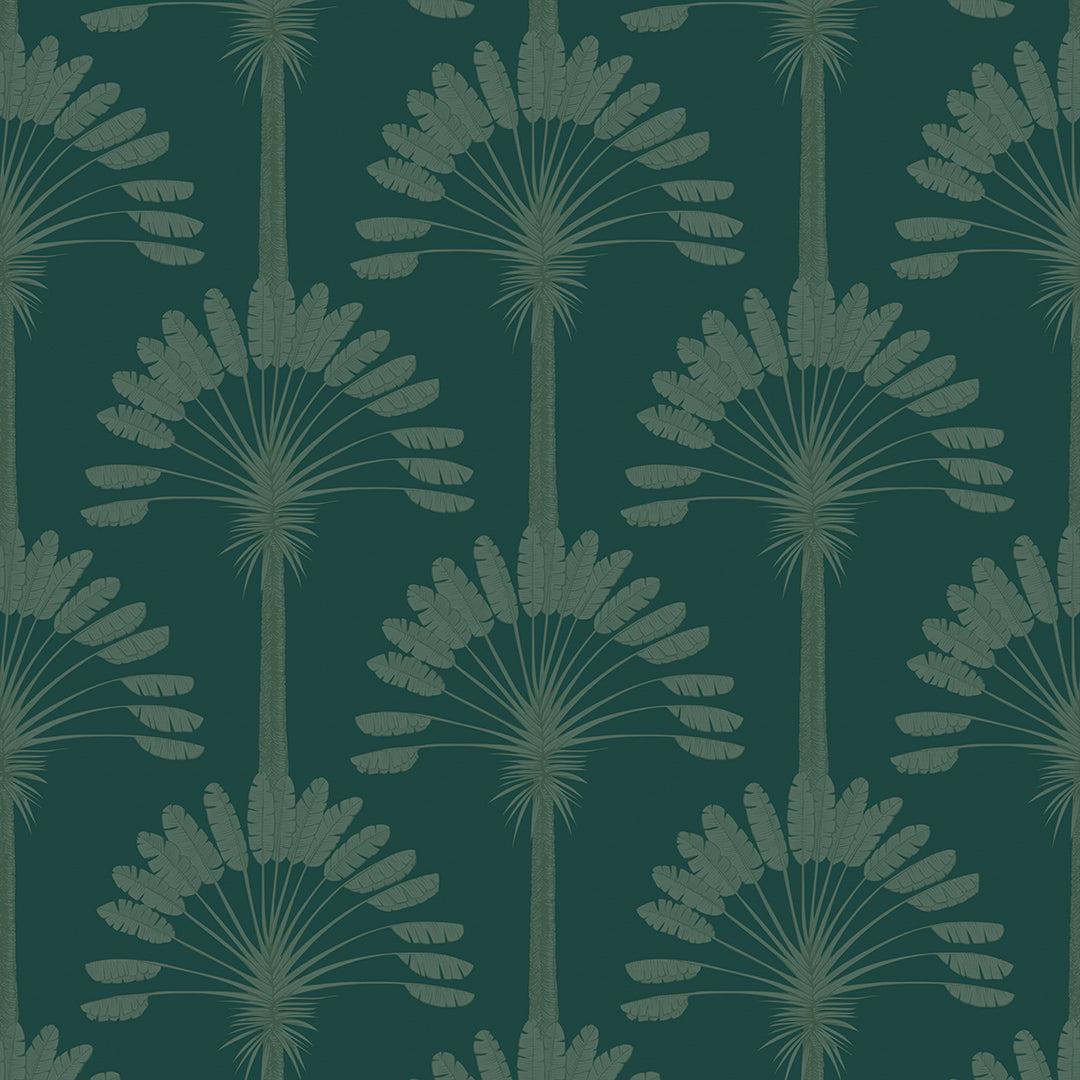 Palmette Wallpaper in Rustic Green on Teal
