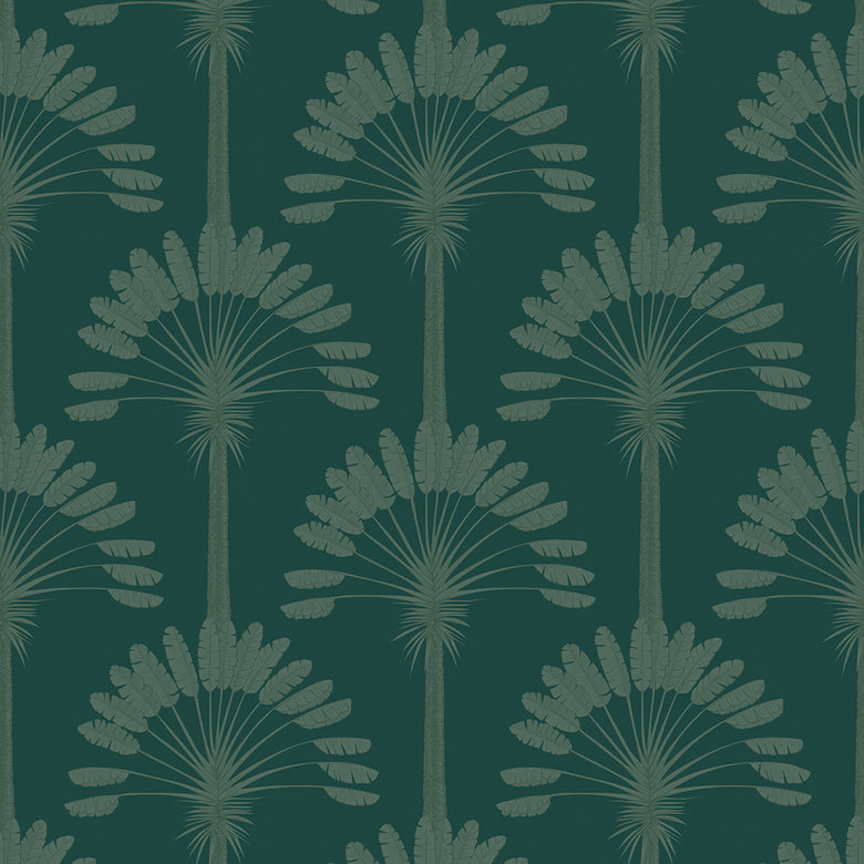 Palmette Wallpaper in Rustic Green on Teal