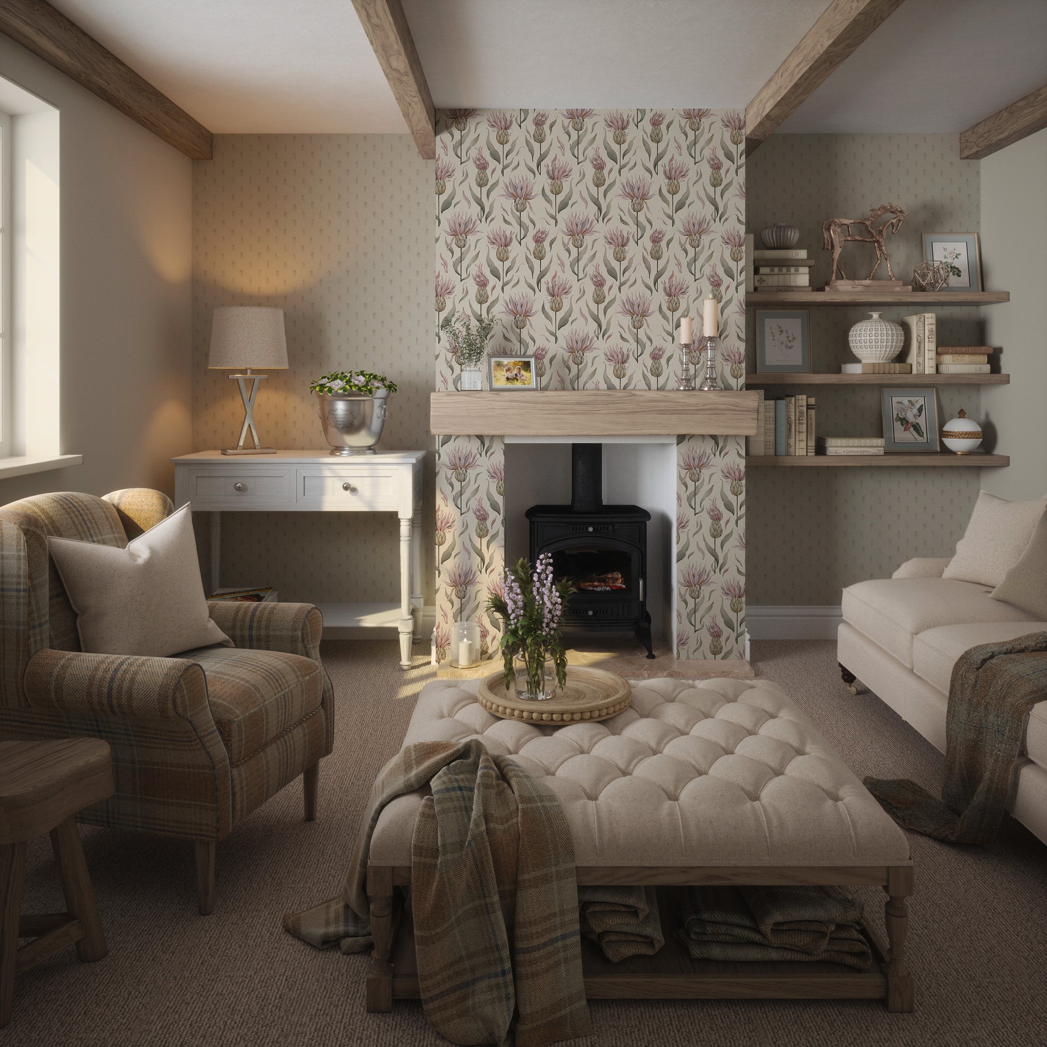Wee Thistle Wallpaper in Castle Stone on Vintage Cream