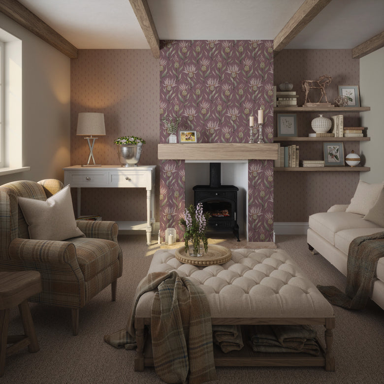 Wee Thistle Wallpaper in French Mauve on Vintage Rose