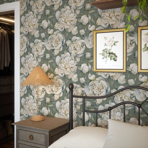 English Garden Peonies Wallpaper in Wild Nettle Green