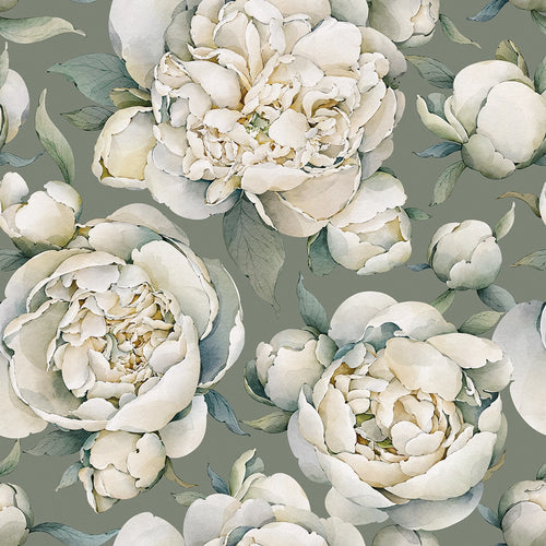 Sample of English Garden Peonies Wallpaper in Wild Nettle Green