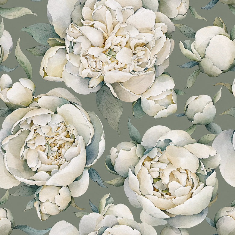 Sample of English Garden Peonies Wallpaper in Wild Nettle Green