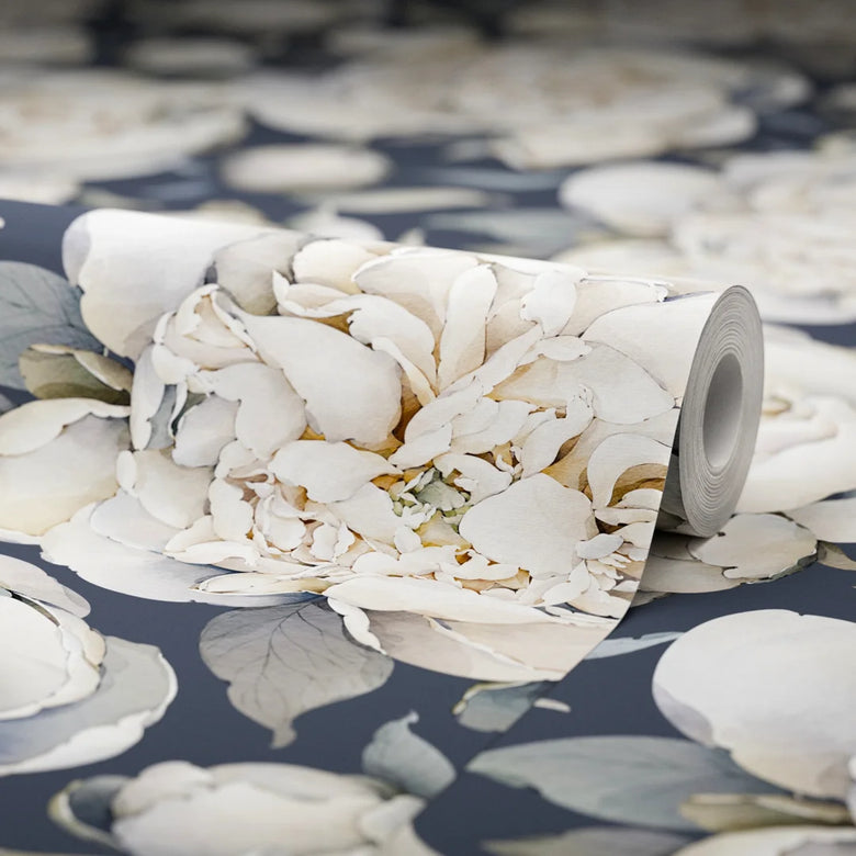English Garden Peonies Wallpaper in Classic Navy