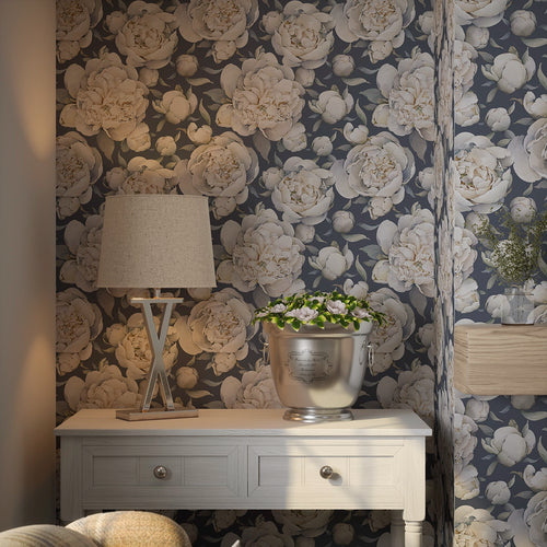 English Garden Peonies Wallpaper in Classic Navy