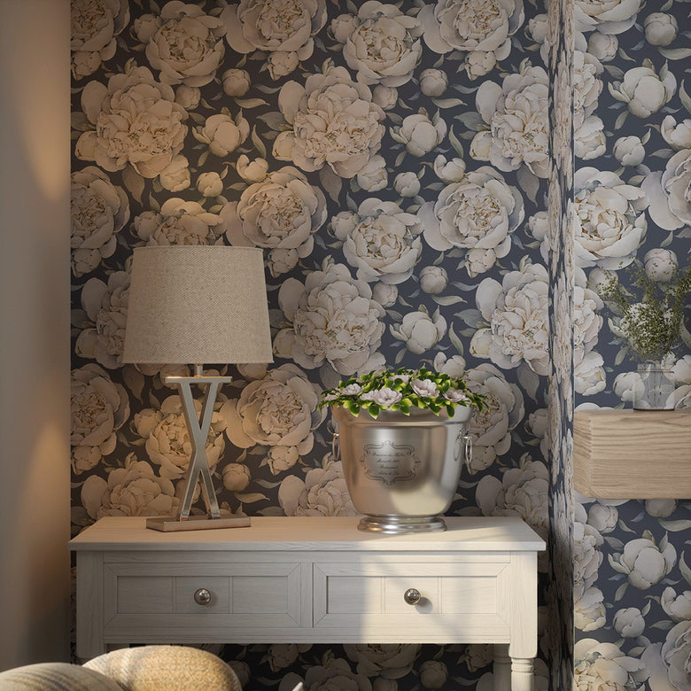 English Garden Peonies Wallpaper in Classic Navy