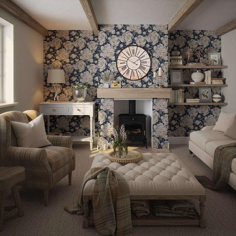 English Garden Peonies Wallpaper in Classic Navy