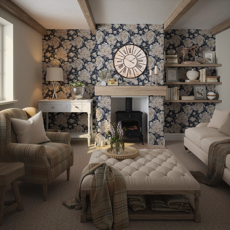 English Garden Peonies Wallpaper in Classic Navy