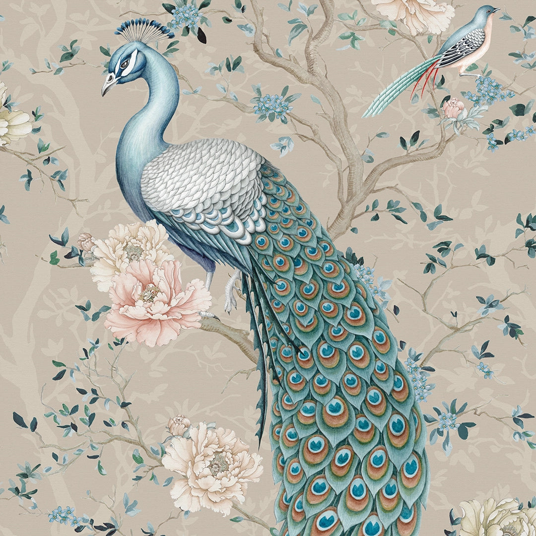 Sample of The Peacock's Promise Wallpaper in Latte