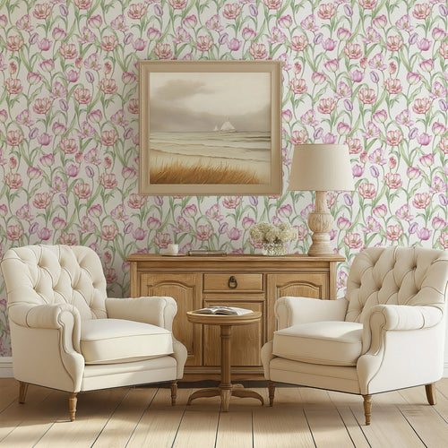 Tulip Wallpaper in Red, Pink and Purple on Vintage Cream