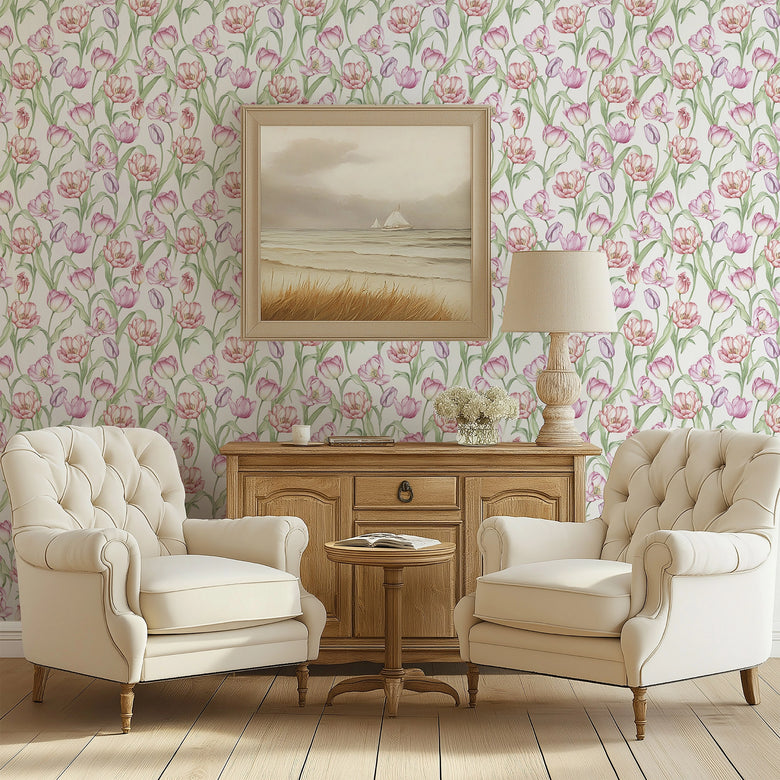 Tulip Wallpaper in Red, Pink and Purple on Vintage Cream