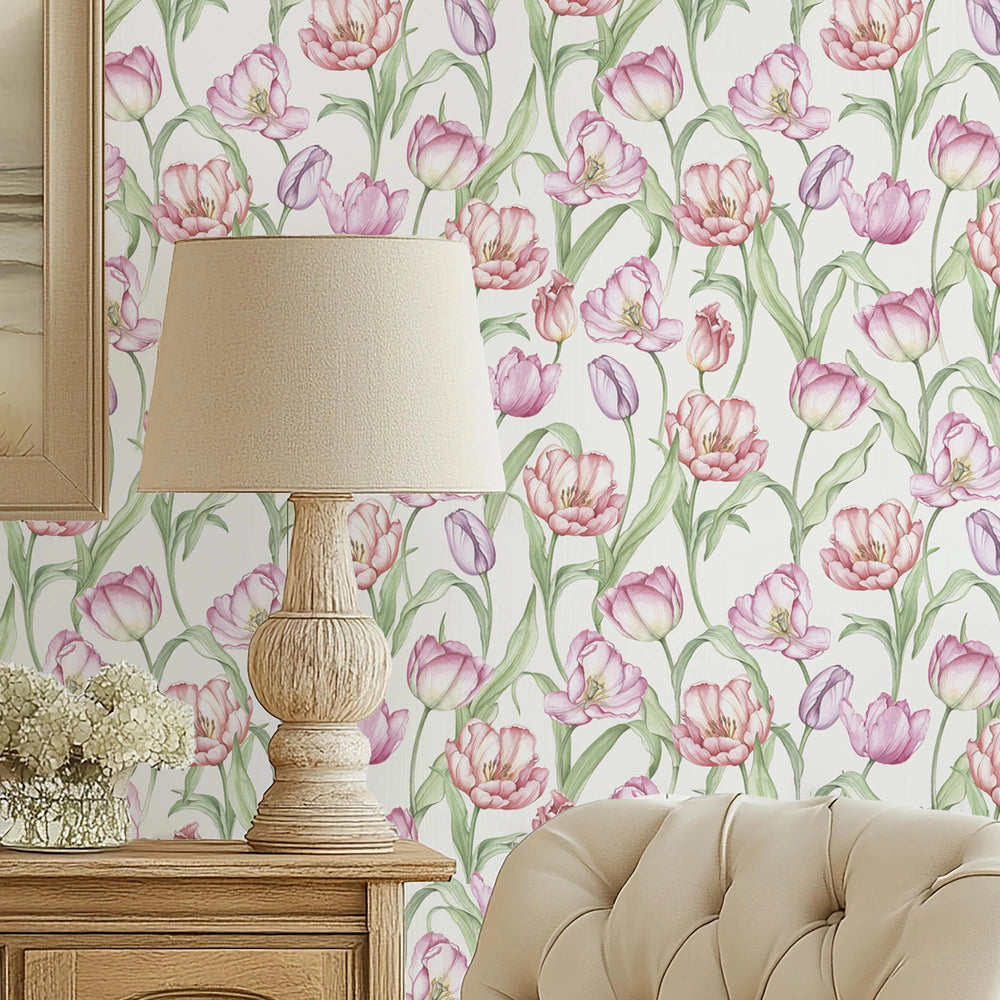 Tulip Wallpaper in Red, Pink and Purple on Vintage Cream