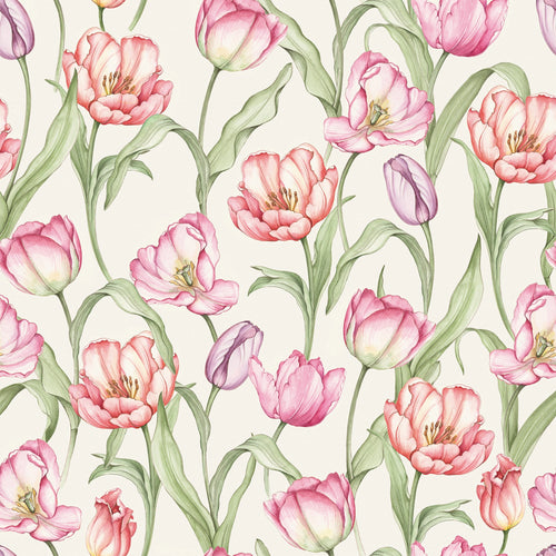 Tulip Wallpaper in Red, Pink and Purple on Vintage Cream