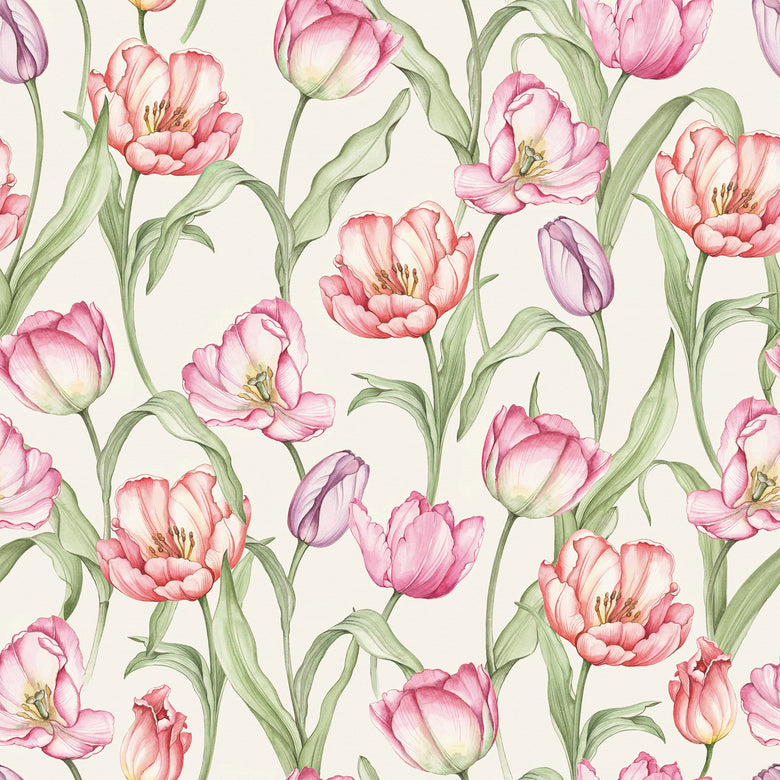 Sample of Tulip Wallpaper in Red, Pink and Purple on Vintage Cream