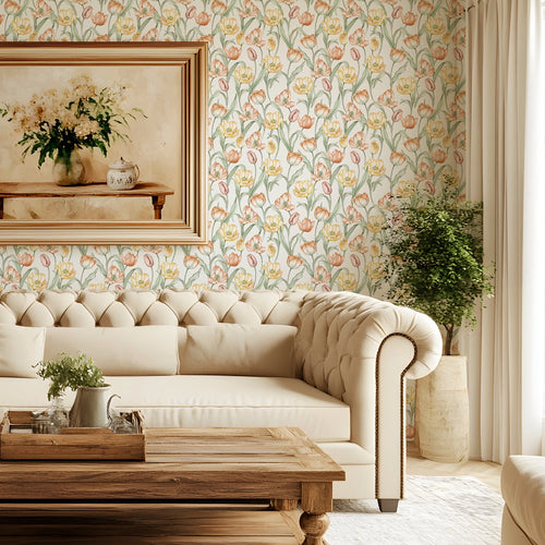 Tulip Wallpaper in Orange and Yellow on Vintage Cream