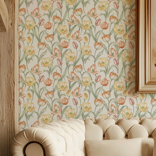 Tulip Wallpaper in Orange and Yellow on Vintage Cream