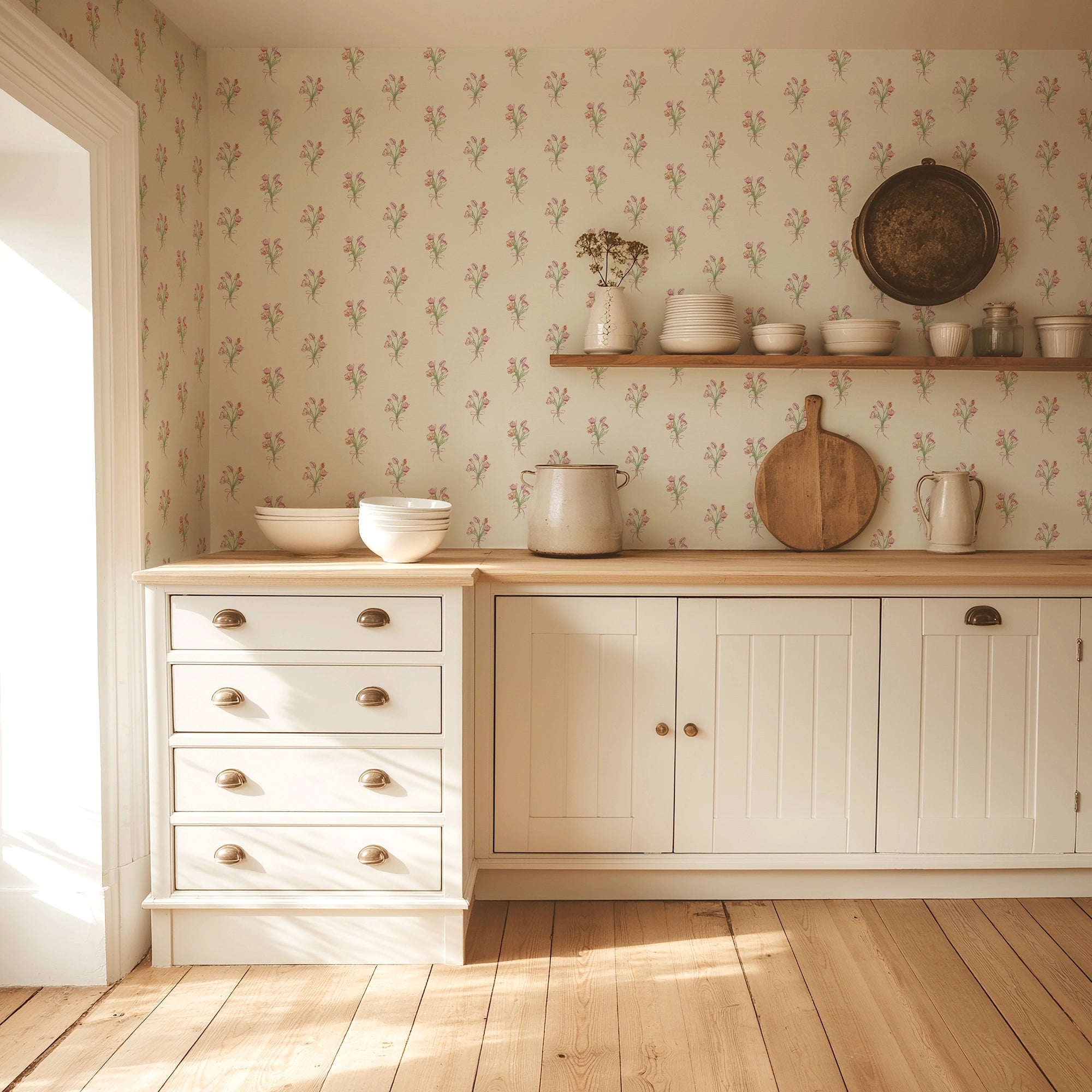Tulip Bouquet Wallpaper in Red, Pink and Purple on Vintage Cream