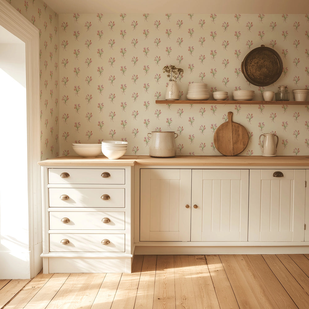 Tulip Bouquet Wallpaper in Red, Pink and Purple on Vintage Cream