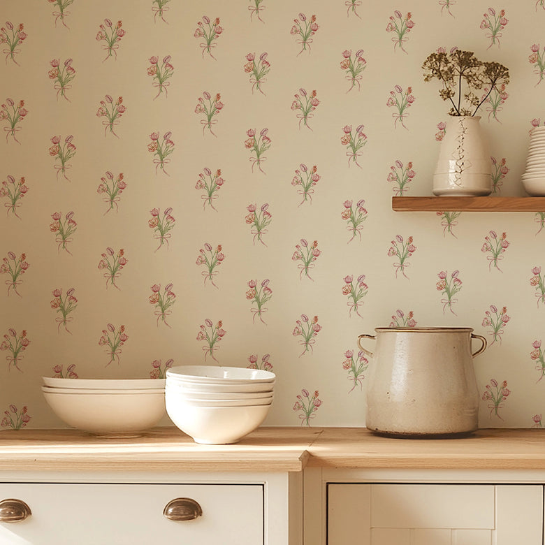 Tulip Bouquet Wallpaper in Red, Pink and Purple on Vintage Cream