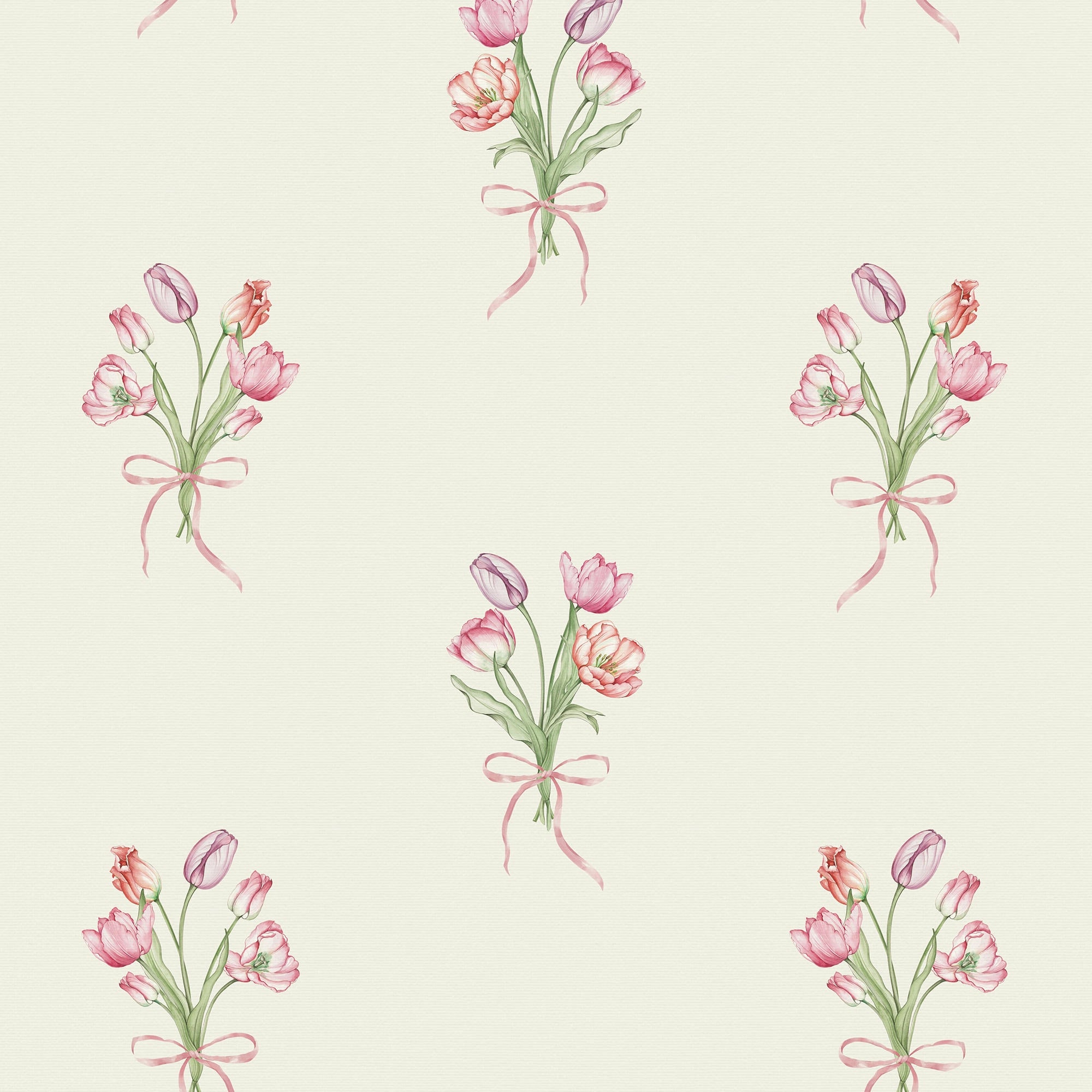 Tulip Bouquet Wallpaper in Red, Pink and Purple on Vintage Cream