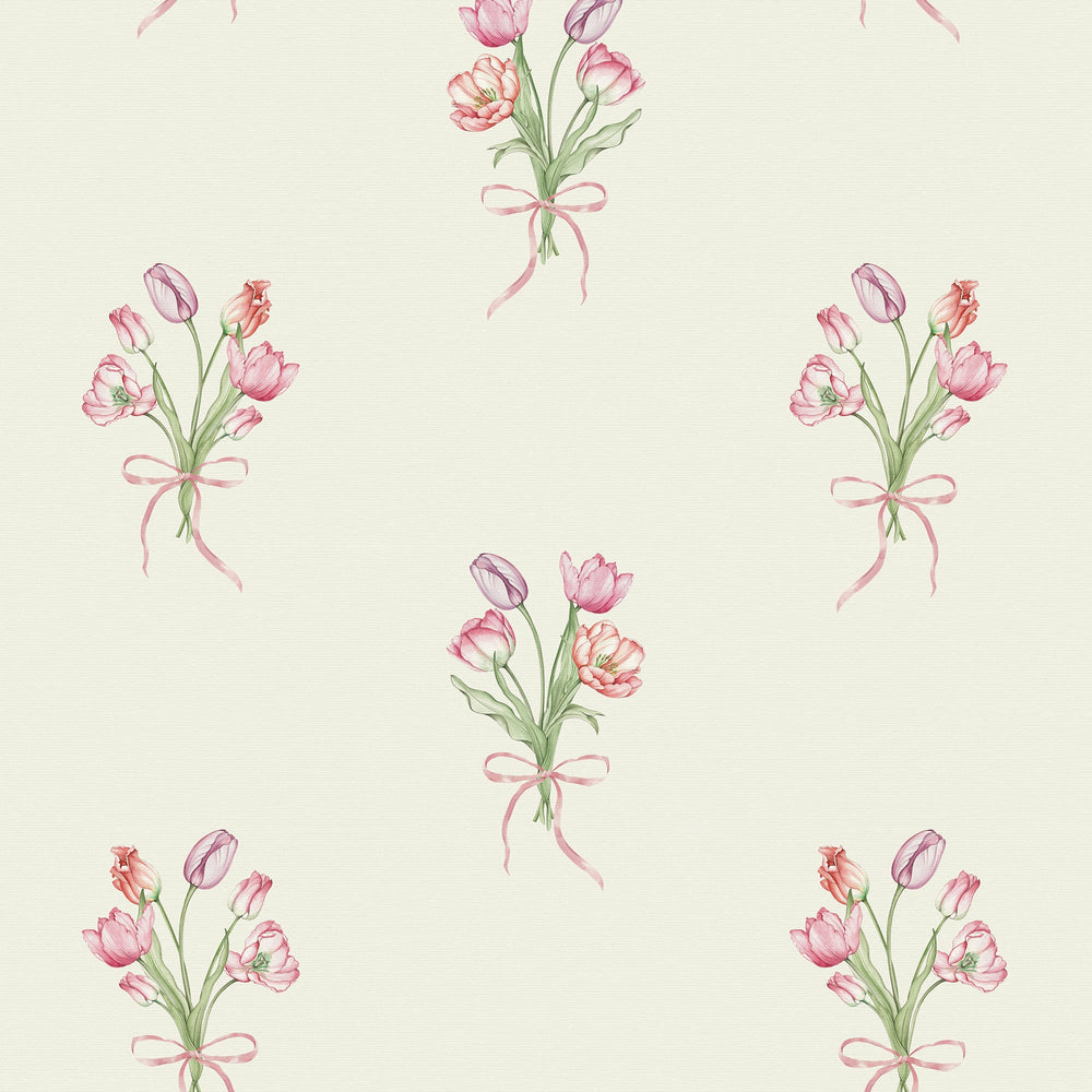 Tulip Bouquet Wallpaper in Red, Pink and Purple on Vintage Cream
