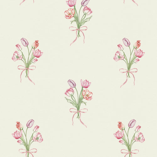 Tulip Bouquet Wallpaper in Red, Pink and Purple on Vintage Cream