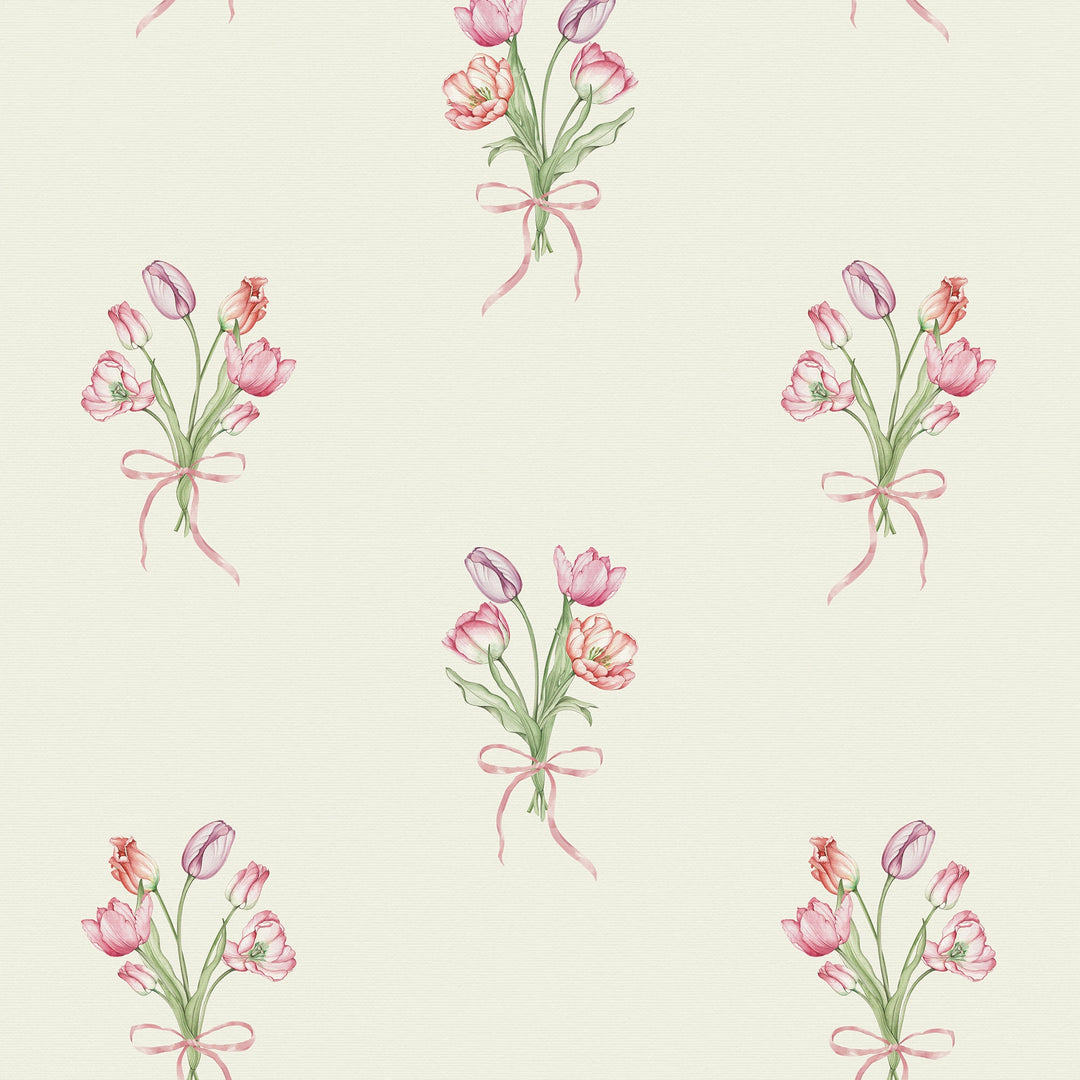 Sample of Tulip Bouquet Wallpaper in Red, Pink and Purple on Vintage Cream