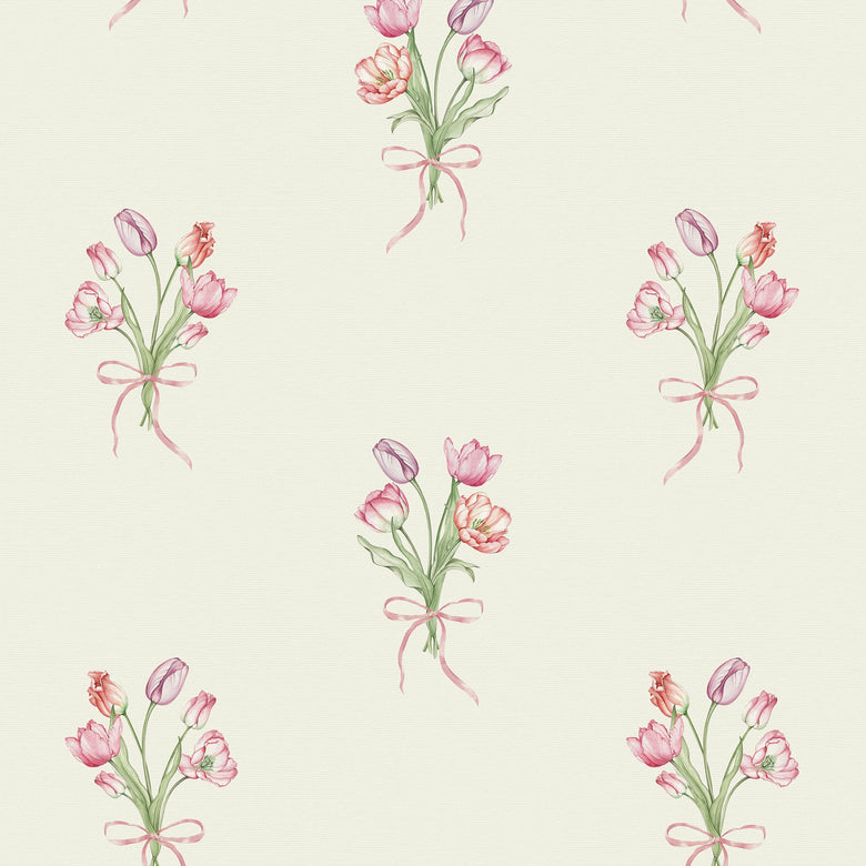 Sample of Tulip Bouquet Wallpaper in Red, Pink and Purple on Vintage Cream
