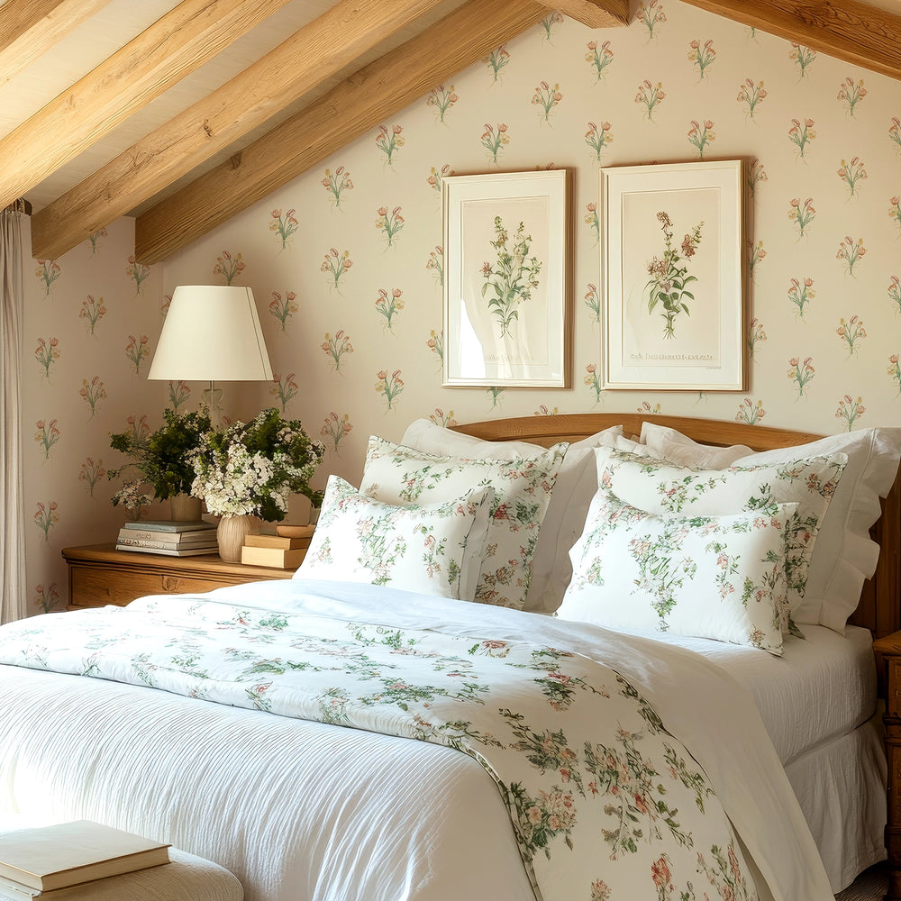 Tulip Bouquet Wallpaper in Orange and Yellow on Vintage Cream