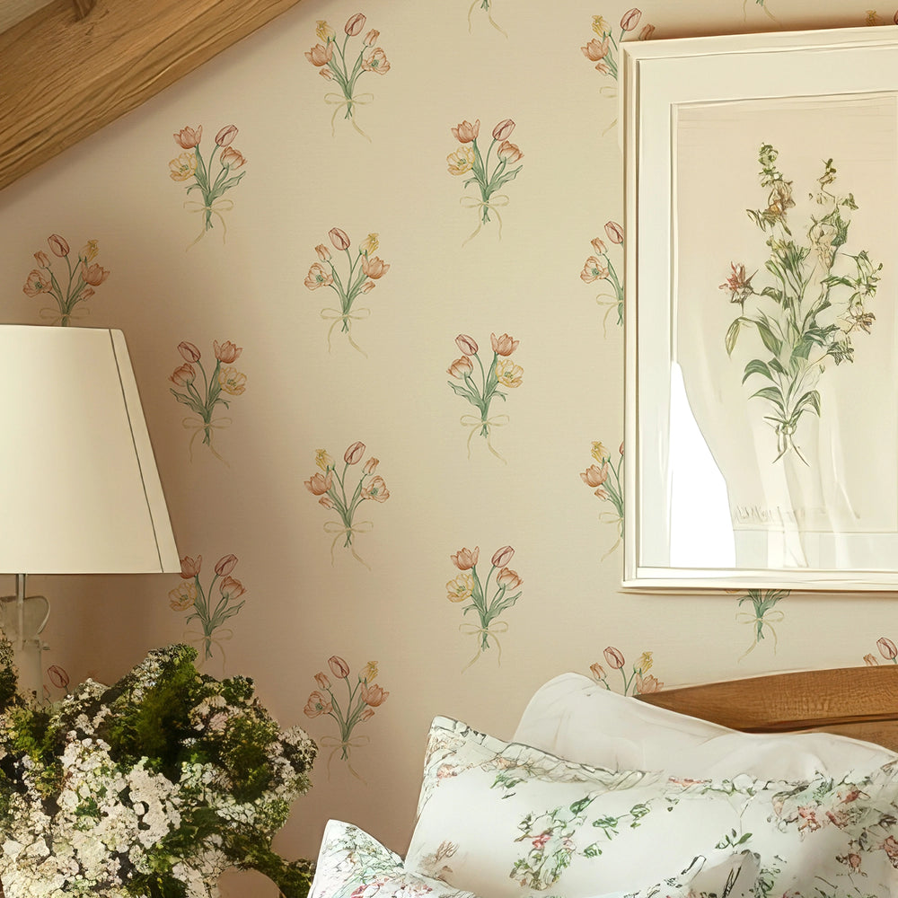 Tulip Bouquet Wallpaper in Orange and Yellow on Vintage Cream