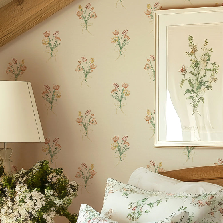 Tulip Bouquet Wallpaper in Orange and Yellow on Vintage Cream
