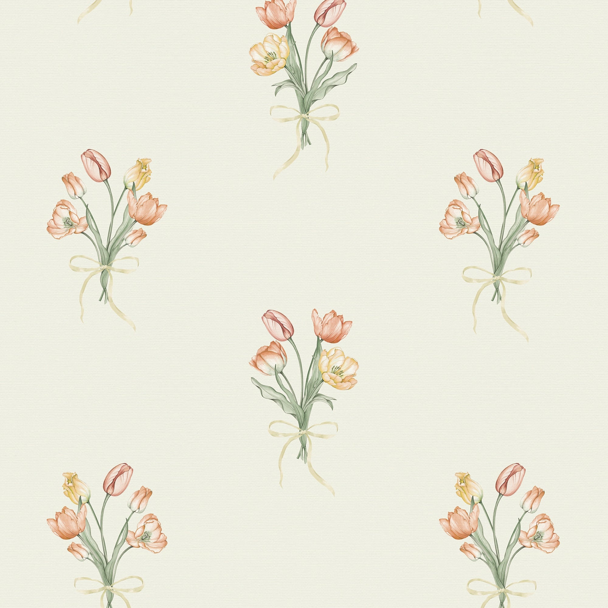 Tulip Bouquet Wallpaper in Orange and Yellow on Vintage Cream