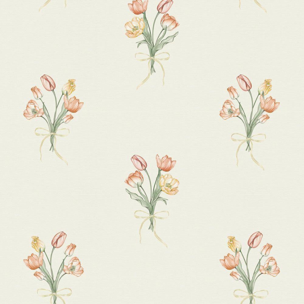 Tulip Bouquet Wallpaper in Orange and Yellow on Vintage Cream