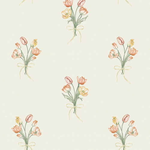 Tulip Bouquet Wallpaper in Orange and Yellow on Vintage Cream