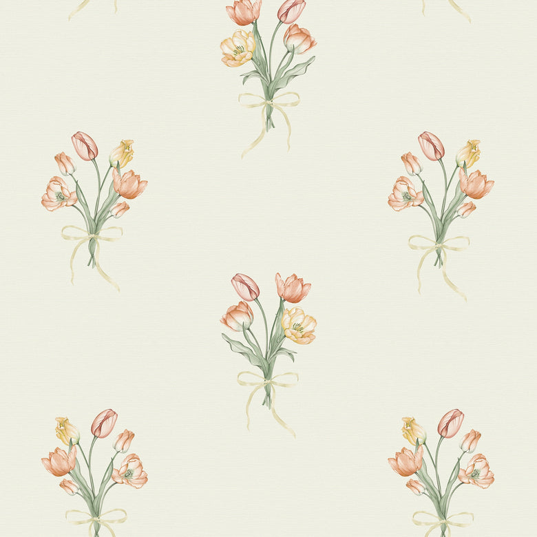 Tulip Bouquet Wallpaper in Orange and Yellow on Vintage Cream