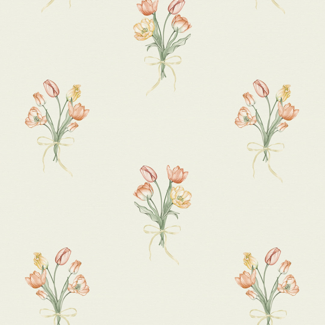 Sample of Tulip Bouquet Wallpaper in Orange and Yellow on Vintage Cream