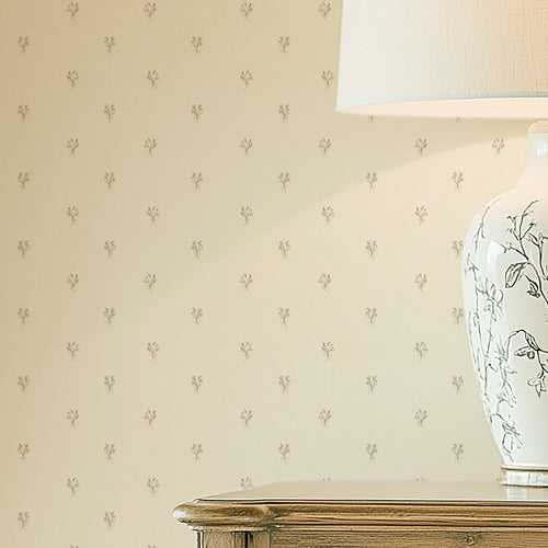 Miniature Tulip Bouquet Wallpaper in Red, Pink and Purple on Vintage Cream