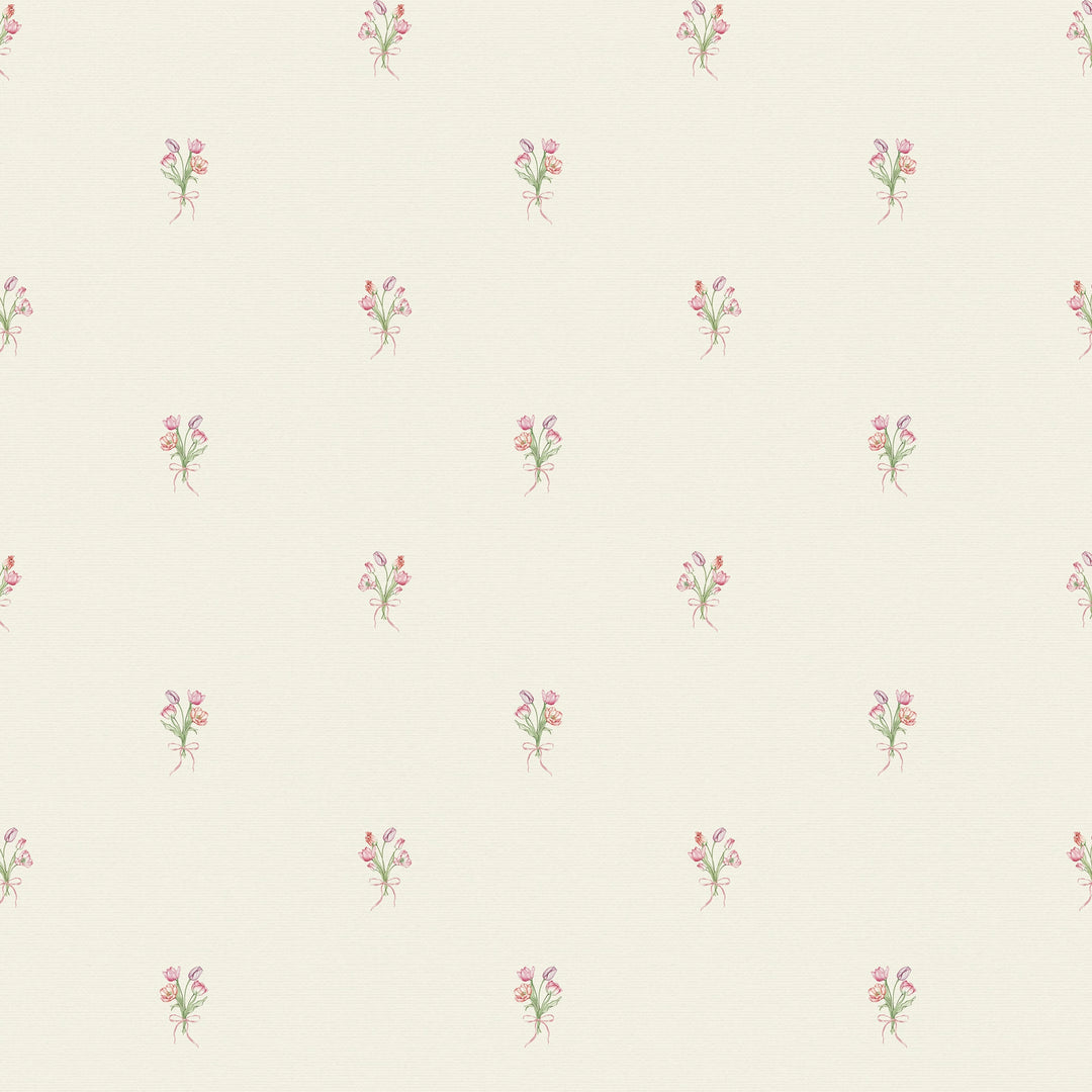 Sample of Miniature Tulip Bouquet Wallpaper in Red, Pink and Purple on Vintage Cream