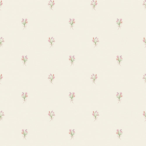 Sample of Miniature Tulip Bouquet Wallpaper in Red, Pink and Purple on Vintage Cream