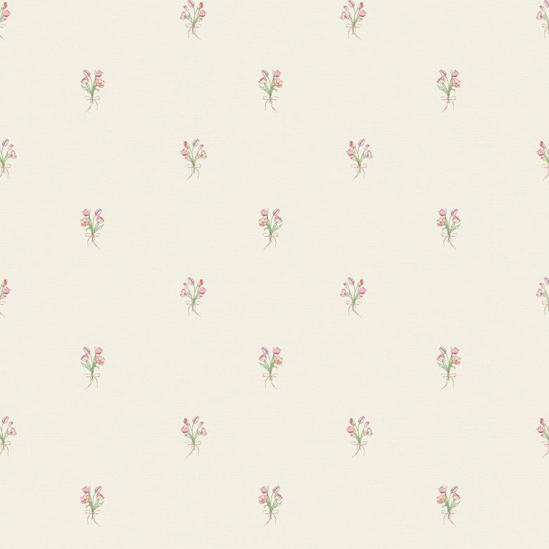 Sample of Miniature Tulip Bouquet Wallpaper in Red, Pink and Purple on Vintage Cream