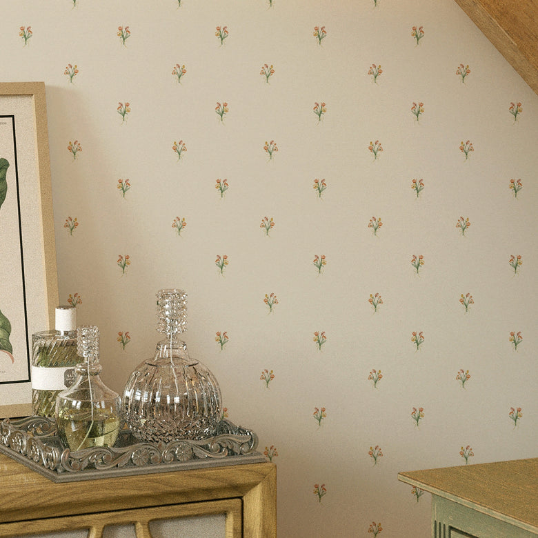 Miniature Tulip Bouquet Wallpaper in Orange and Yellow on Vintage Cream