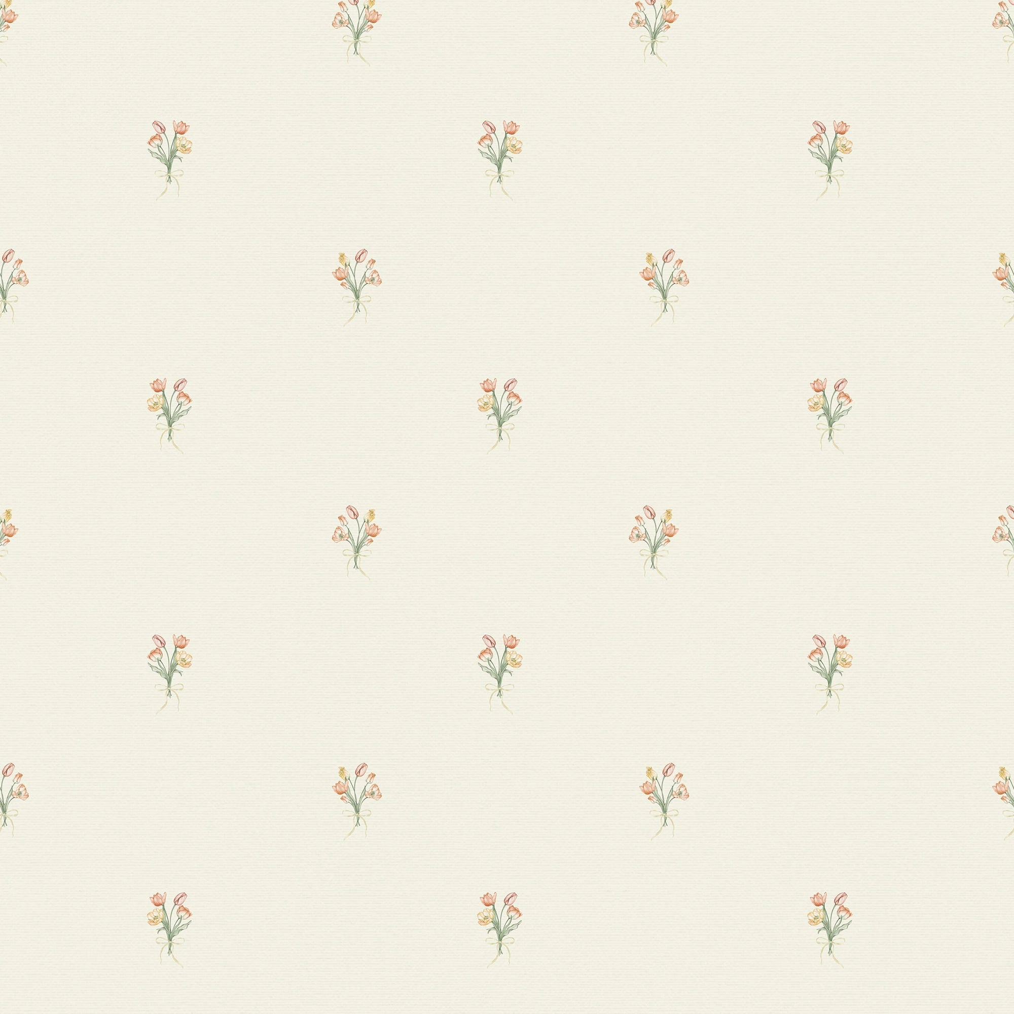 Miniature Tulip Bouquet Wallpaper in Orange and Yellow on Vintage Cream