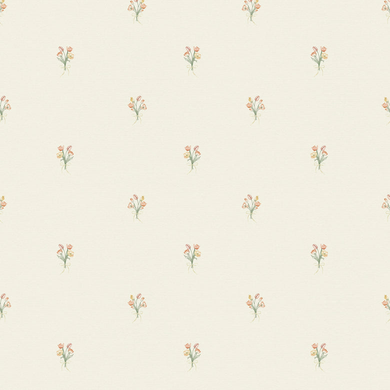 Miniature Tulip Bouquet Wallpaper in Orange and Yellow on Vintage Cream